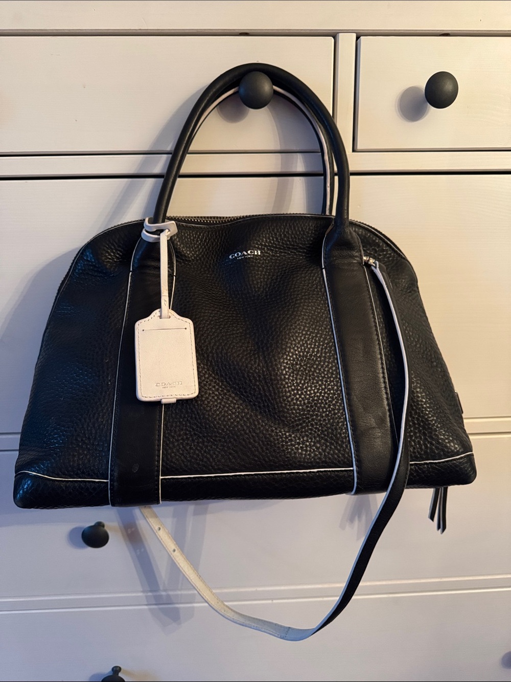 Coach Black Pebbled Leather Satchel with White Trim and Tag